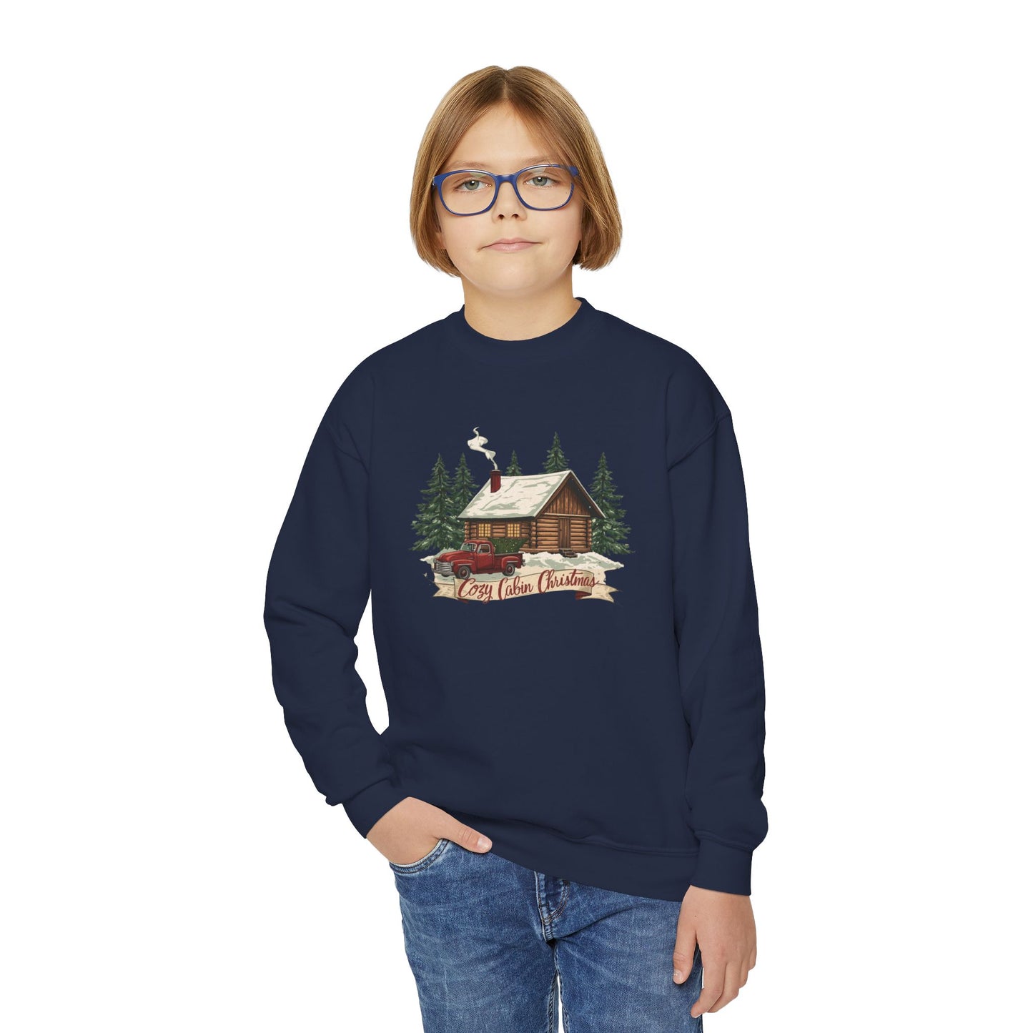 Cozy Cabin Christmas Youth Crewneck | Kids Holiday Sweatshirt | Vintage Cabin & Red Truck Christmas Sweater (10 Colors)