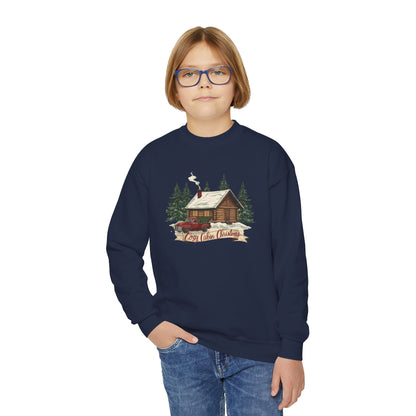 Cozy Cabin Christmas Youth Crewneck | Kids Holiday Sweatshirt | Vintage Cabin & Red Truck Christmas Sweater (10 Colors)