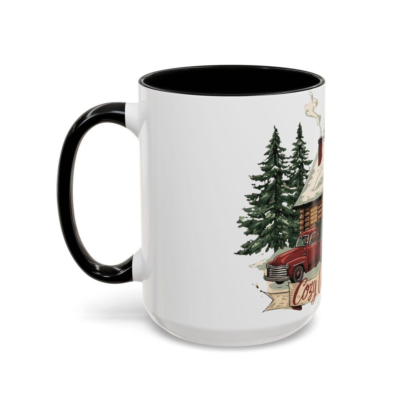 Cozy Cabin Christmas Accent Mug | Rustic Holiday Log Cabin Coffee Cup (11oz & 15oz | 8 Color Options for 11oz, 5 for 15oz)
