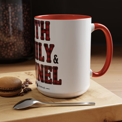 Faith, Family & Flannel Accent Mug | 11oz & 15oz Christian Coffee Cup (Multiple Colors)