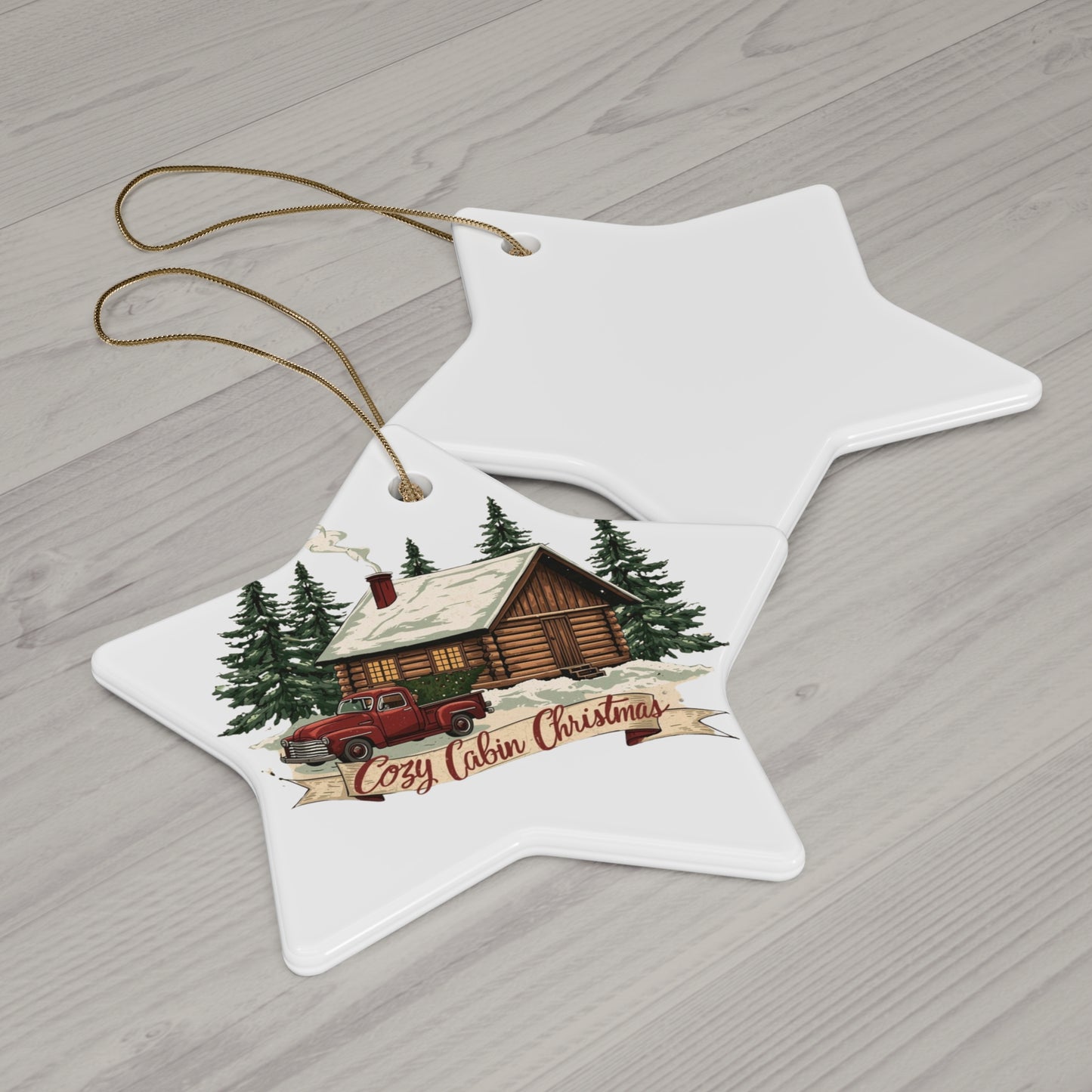 Cozy Cabin Christmas Ceramic Ornament | Rustic Holiday Cabin Ornament | Vintage Truck Christmas Décor (4 Shape Options)