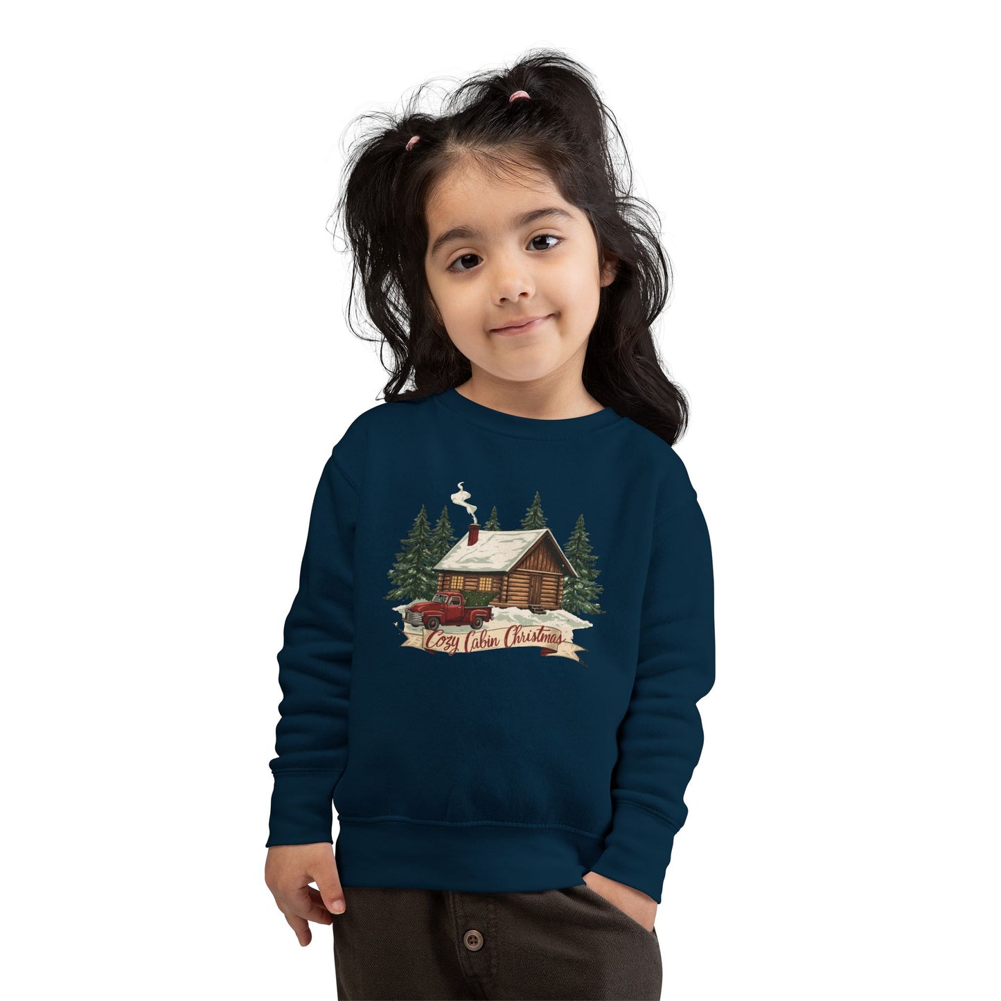 Cozy Cabin Christmas Toddler Crewneck | Kids Holiday Sweatshirt | Vintage Red Truck & Cabin Christmas Sweater (8 Colors)