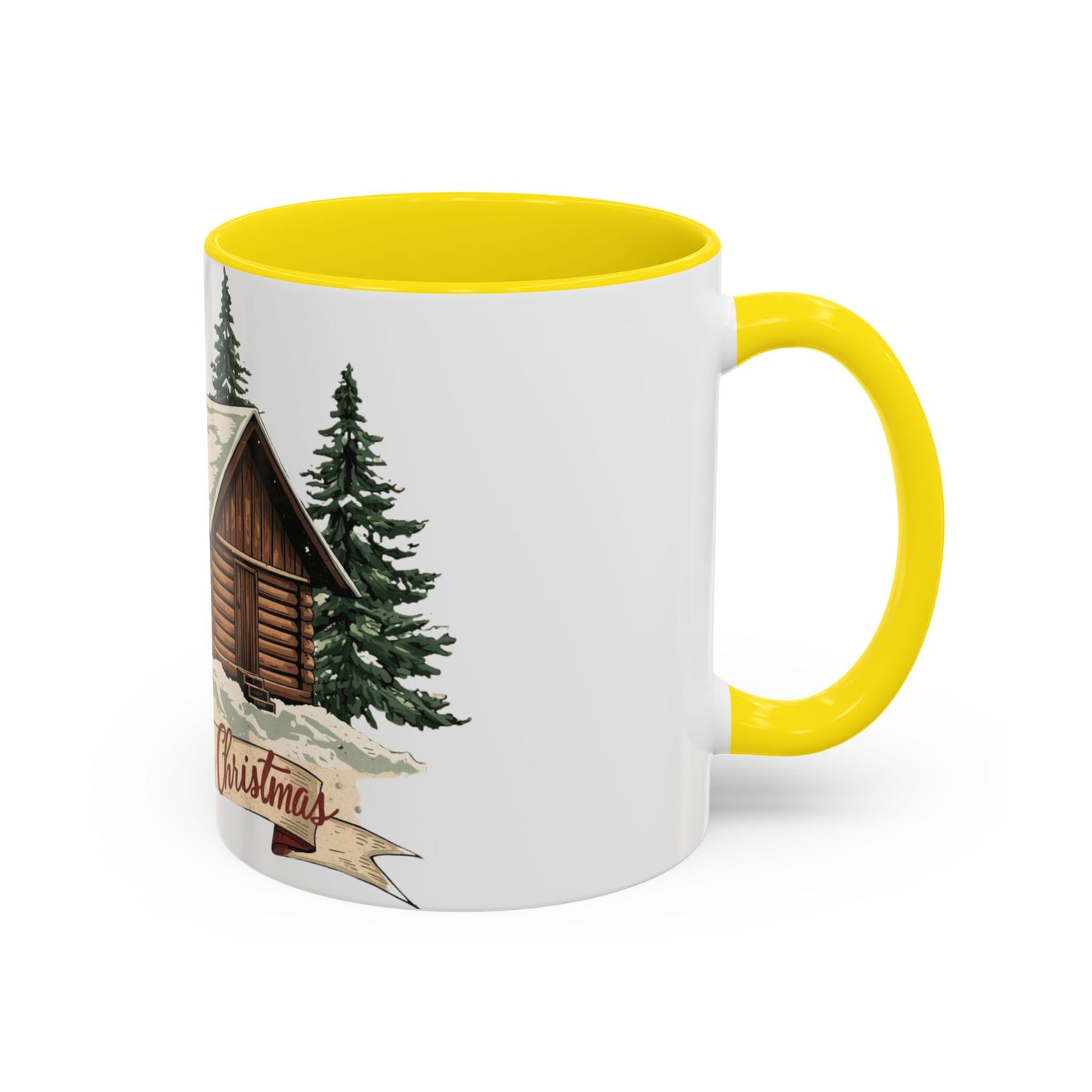 Cozy Cabin Christmas Accent Mug | Rustic Holiday Log Cabin Coffee Cup (11oz & 15oz | 8 Color Options for 11oz, 5 for 15oz)