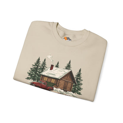 Cozy Cabin Christmas Crewneck Sweatshirt | Rustic Red Truck Holiday Sweater (9 Color Options)