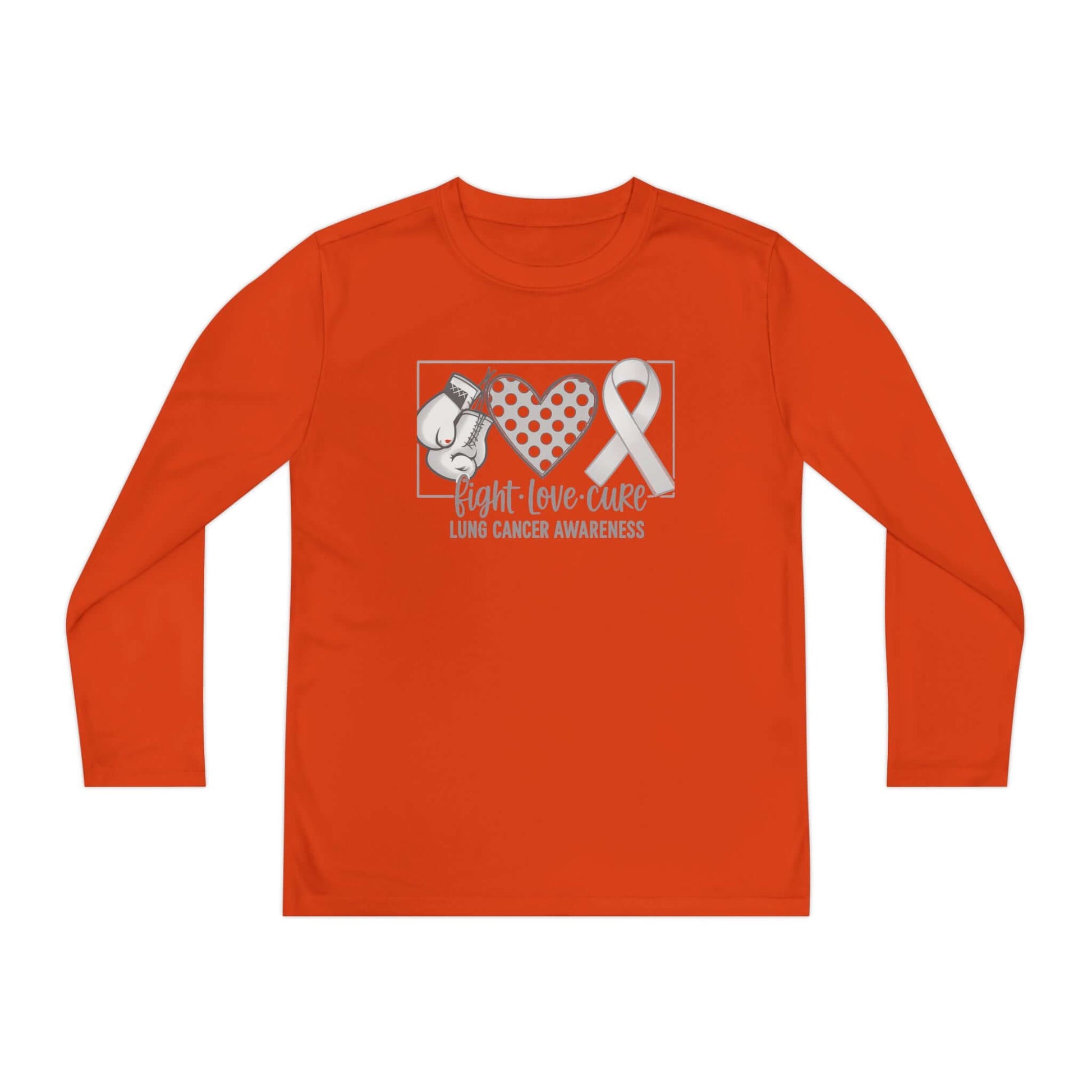 Fight Love Cure Lung Cancer Awareness Youth Long Sleeve Shirt | Kids Awareness Tee in vibrant orange featuring boxing gloves, a heart, and a ribbon.