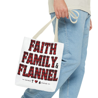 Faith, Family & Flannel Tote Bag | Buffalo Plaid Christian Tote (5 Handle Colors)