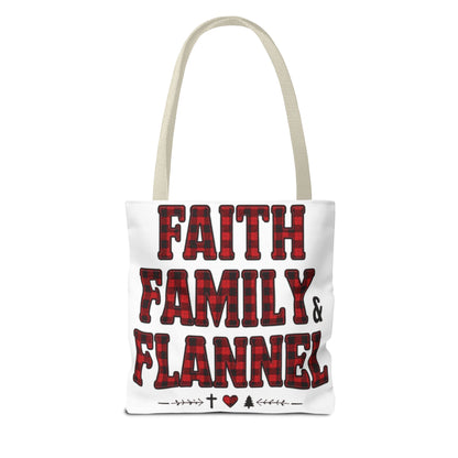 Faith, Family & Flannel Tote Bag | Buffalo Plaid Christian Tote (5 Handle Colors)