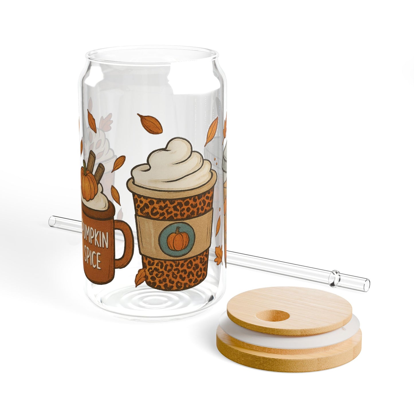 Pumpkin Spice Sipper Glass | Fall Iced Coffee Cup with Bamboo Lid & Glass Straw | Autumn Aesthetic Drinkware