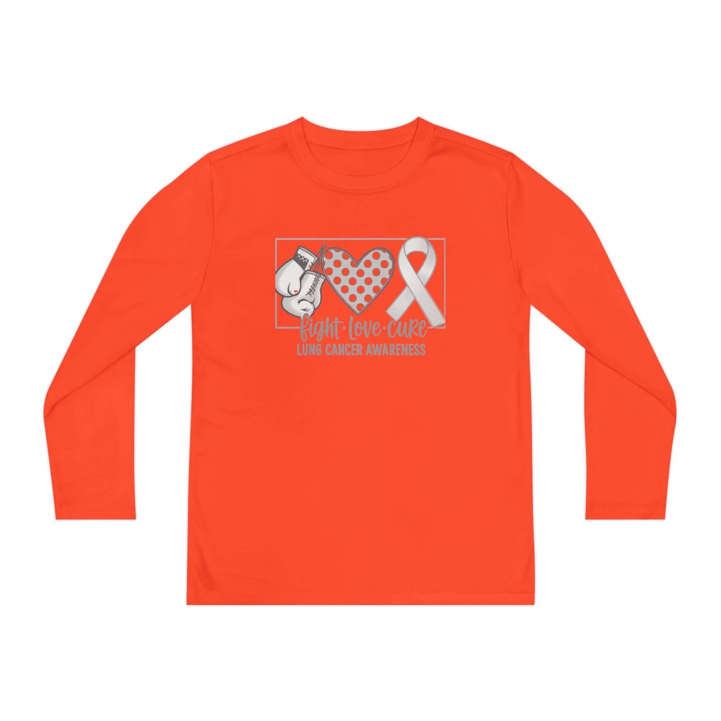 Fight Love Cure Lung Cancer Awareness Youth Long Sleeve Shirt | Kids Awareness Tee in vibrant orange with symbols of support.