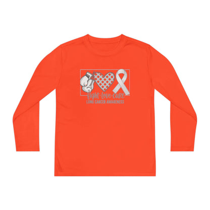 Fight Love Cure Lung Cancer Awareness Youth Long Sleeve Shirt | Kids Awareness Tee in vibrant orange with symbols of support.