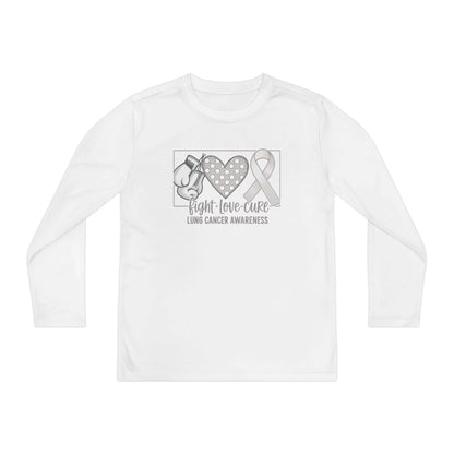 Fight Love Cure Lung Cancer Awareness Youth Long Sleeve Shirt | Kids Awareness Tee with boxing gloves and heart design.