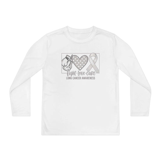 Fight Love Cure Lung Cancer Awareness Youth Long Sleeve Shirt | Kids Awareness Tee with boxing gloves and heart design.