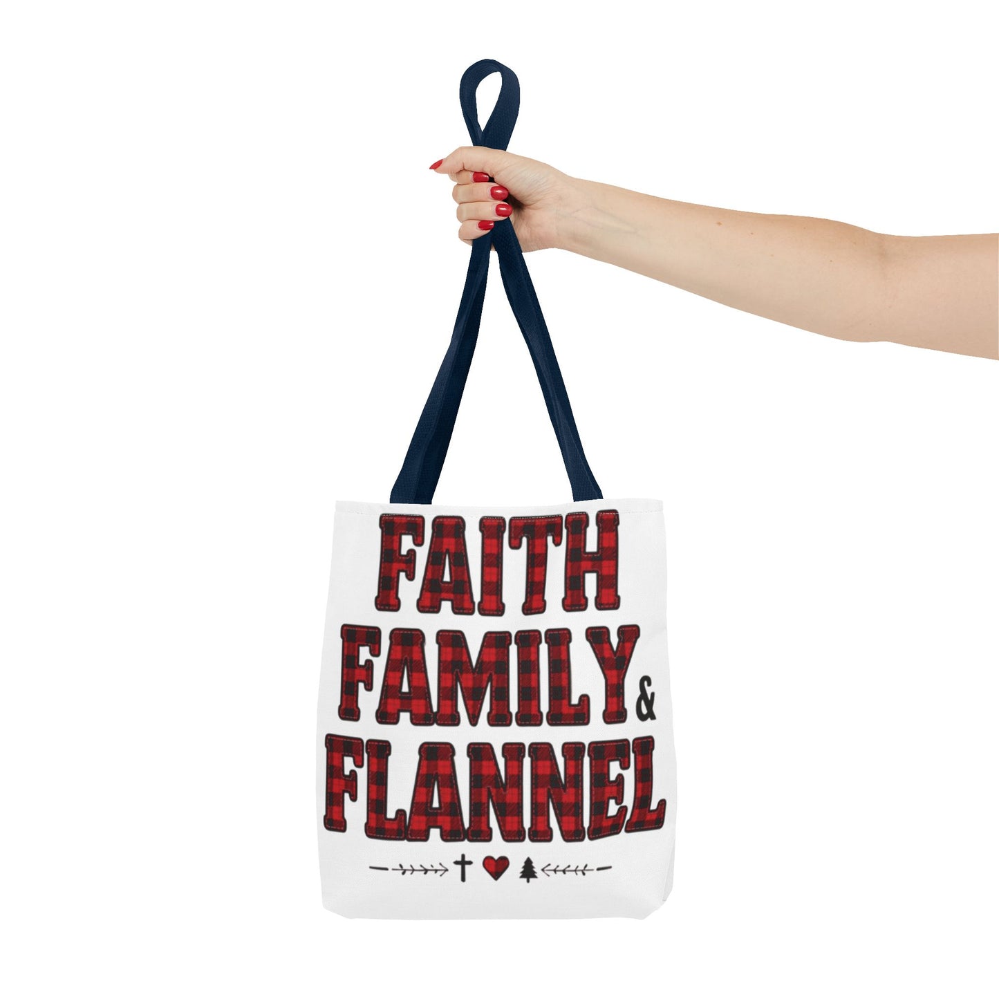 Faith, Family & Flannel Tote Bag | Buffalo Plaid Christian Tote (5 Handle Colors)
