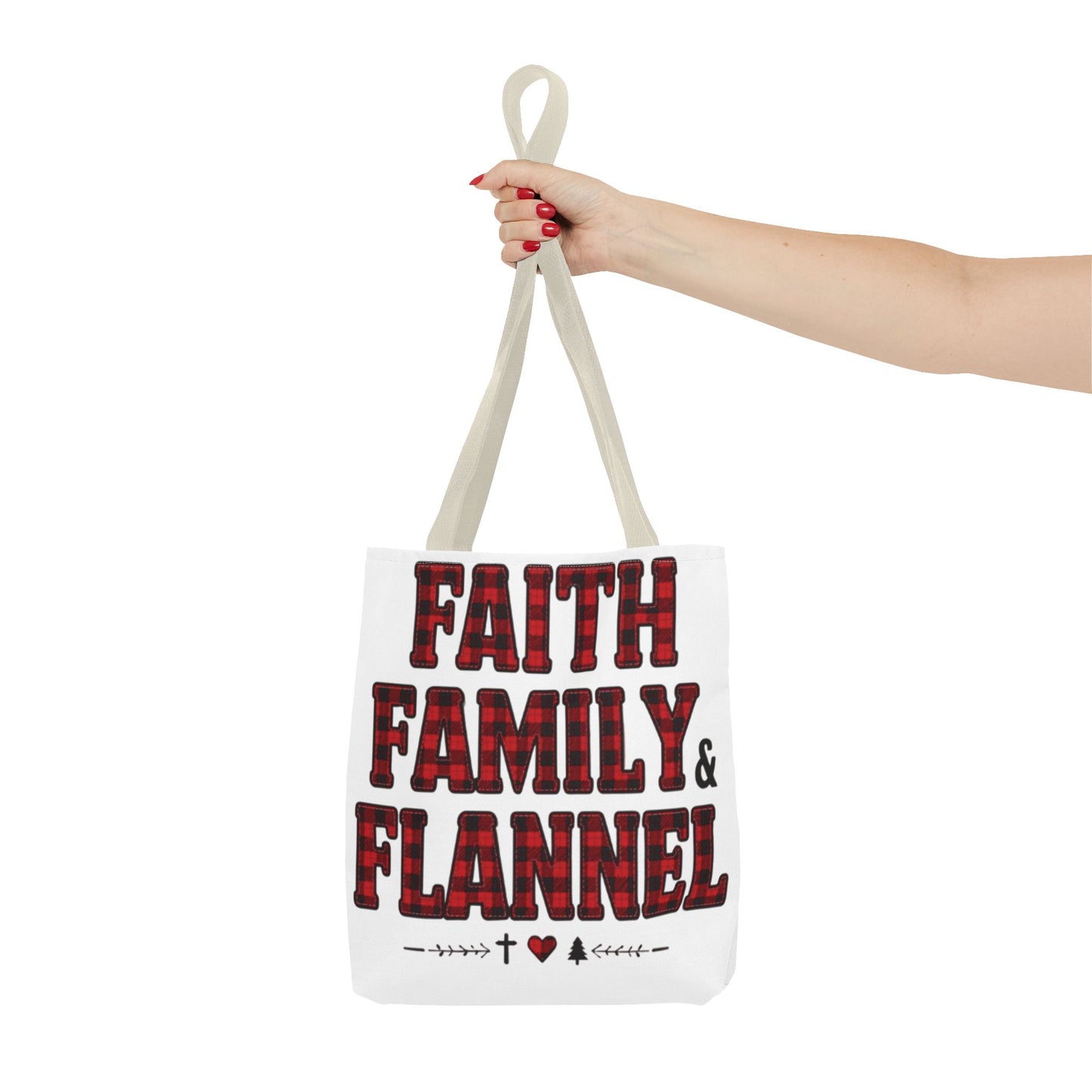 Faith, Family & Flannel Tote Bag | Buffalo Plaid Christian Tote (5 Handle Colors)