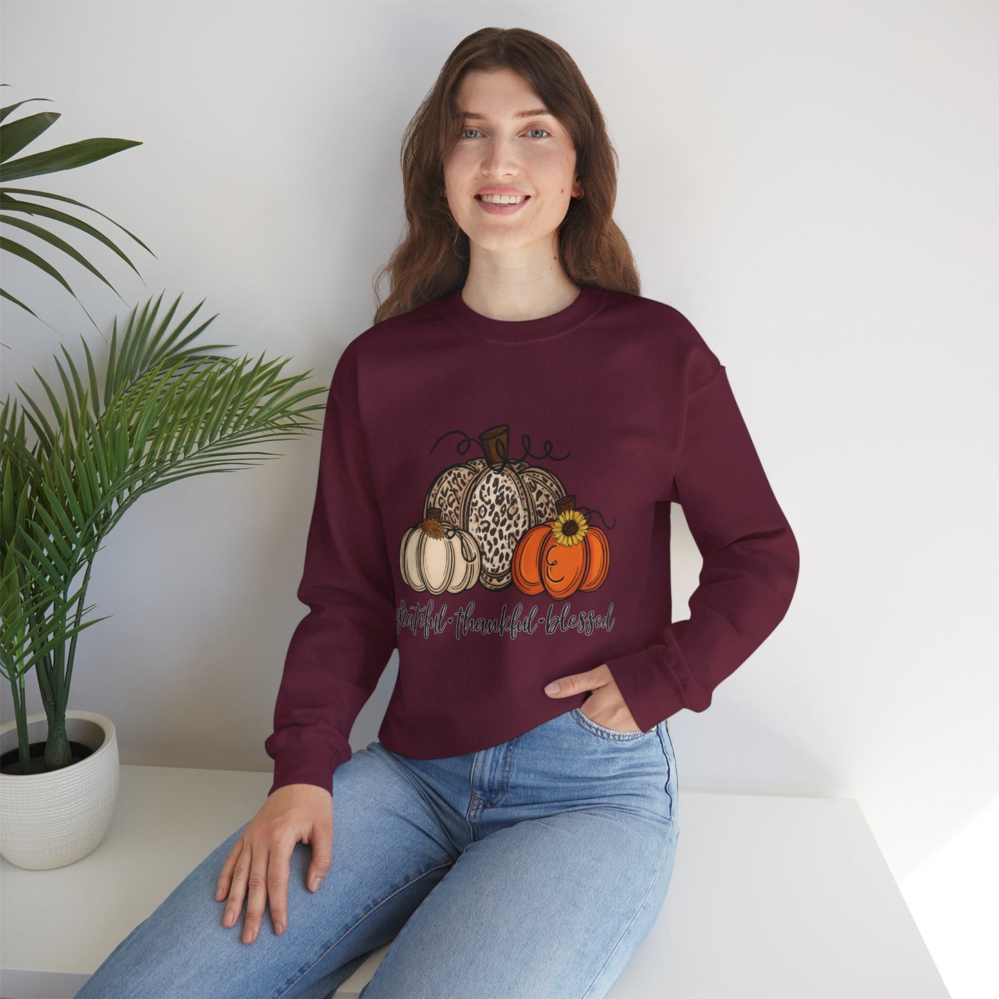 Grateful Thankful Blessed Crewneck Sweatshirt – Fall Faith & Pumpkin Season Pullover (10 Colors)
