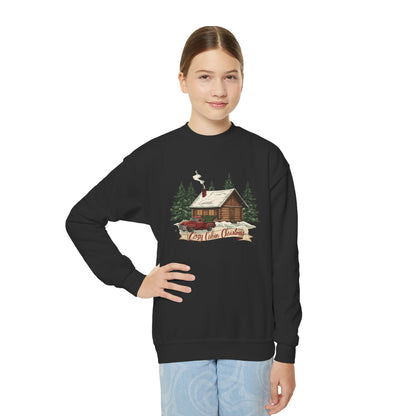 Cozy Cabin Christmas Youth Crewneck | Kids Holiday Sweatshirt | Vintage Cabin & Red Truck Christmas Sweater (10 Colors)