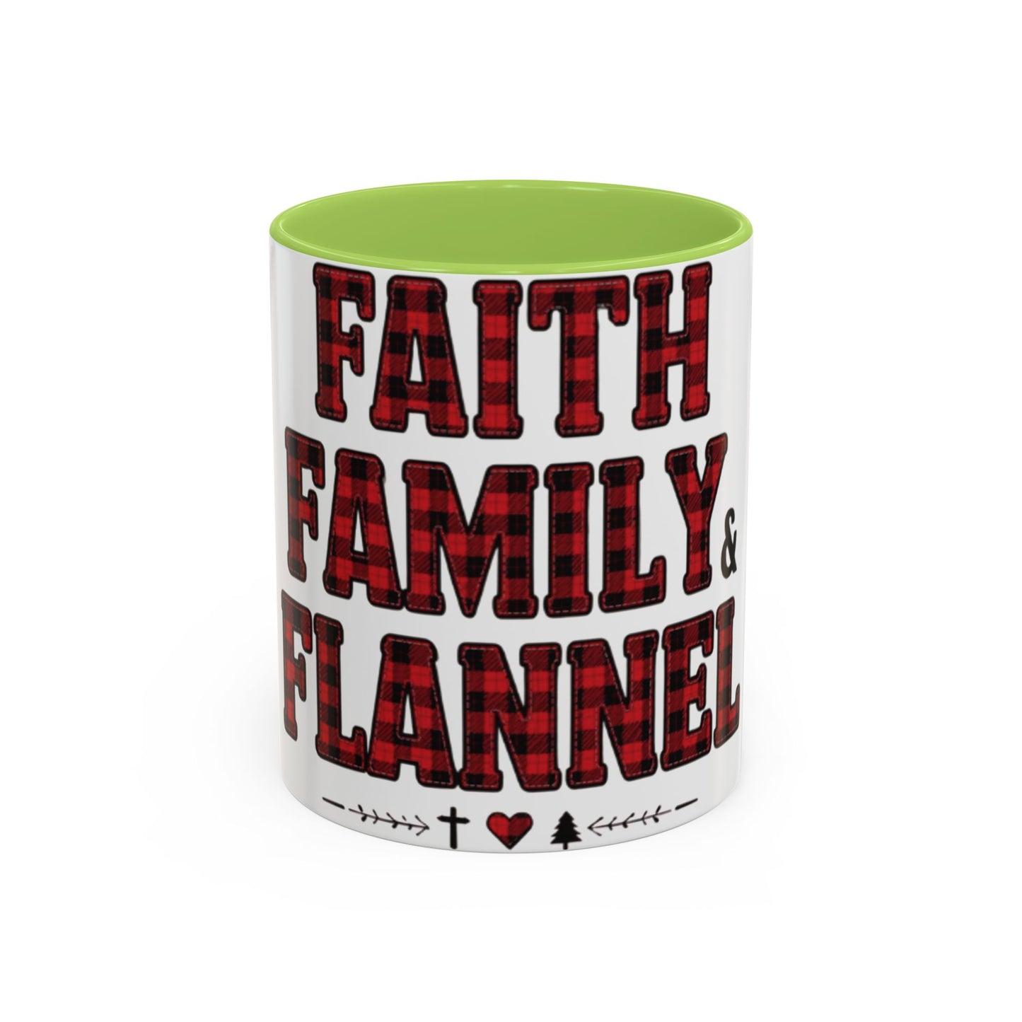 Faith, Family & Flannel Accent Mug | 11oz & 15oz Christian Coffee Cup (Multiple Colors)