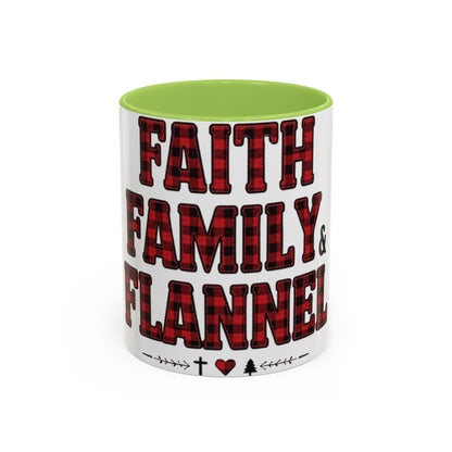 Faith, Family & Flannel Accent Mug | 11oz & 15oz Christian Coffee Cup (Multiple Colors)