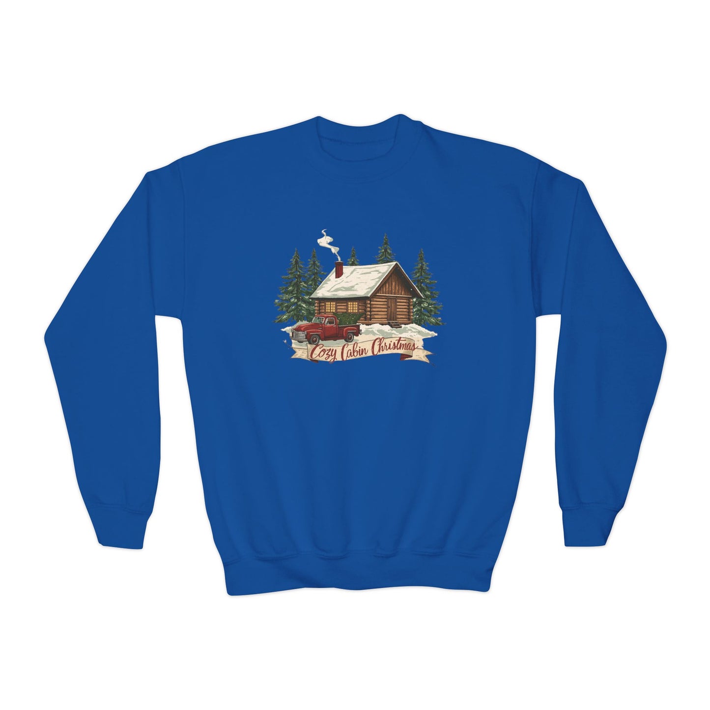 Cozy Cabin Christmas Youth Crewneck | Kids Holiday Sweatshirt | Vintage Cabin & Red Truck Christmas Sweater (10 Colors)