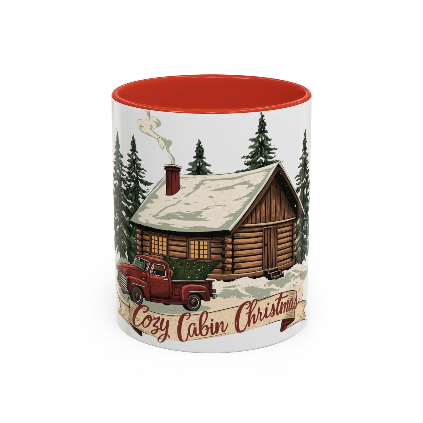 Cozy Cabin Christmas Accent Mug | Rustic Holiday Log Cabin Coffee Cup (11oz & 15oz | 8 Color Options for 11oz, 5 for 15oz)