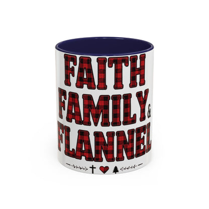 Faith, Family & Flannel Accent Mug | 11oz & 15oz Christian Coffee Cup (Multiple Colors)
