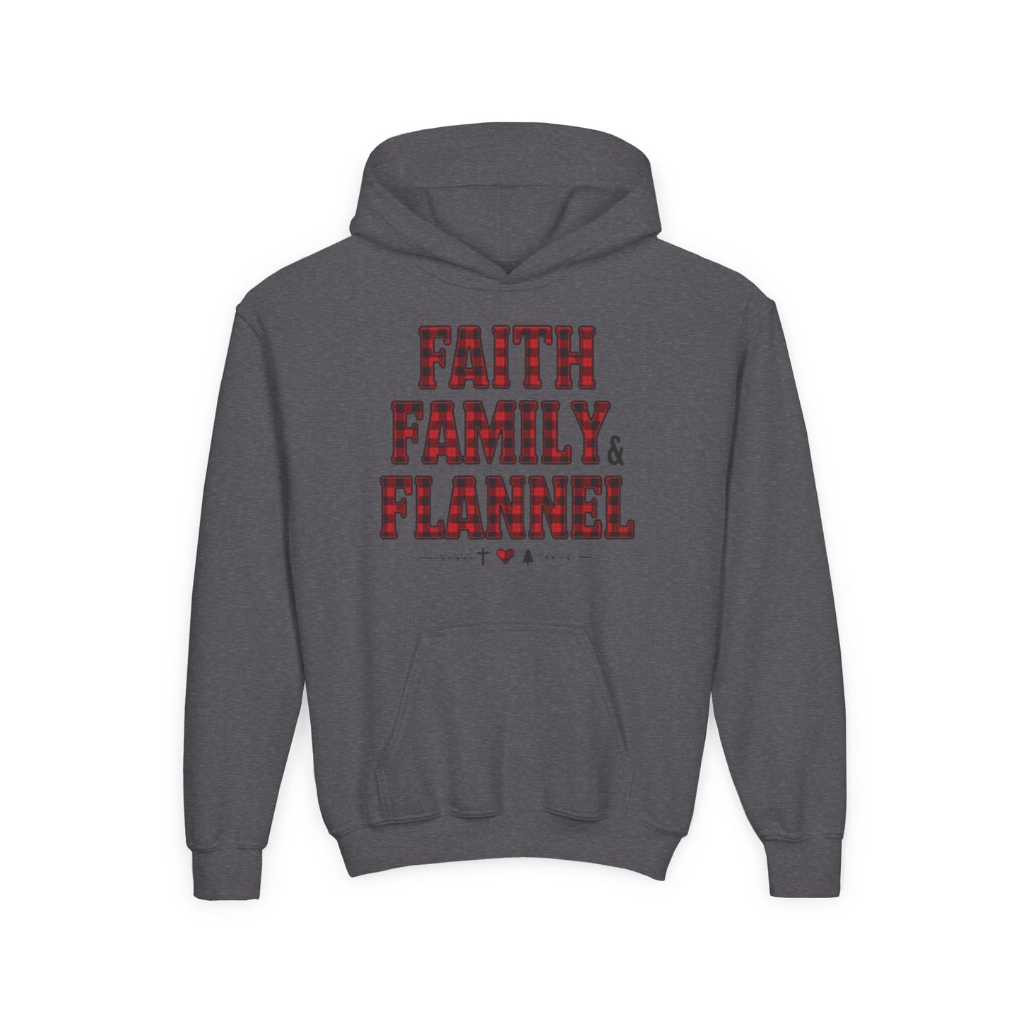 Faith, Family & Flannel Youth Hoodie | Cozy Christian Fall & Holiday Sweatshirt (4 Color Options)