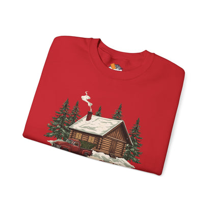 Cozy Cabin Christmas Crewneck Sweatshirt | Rustic Red Truck Holiday Sweater (9 Color Options)