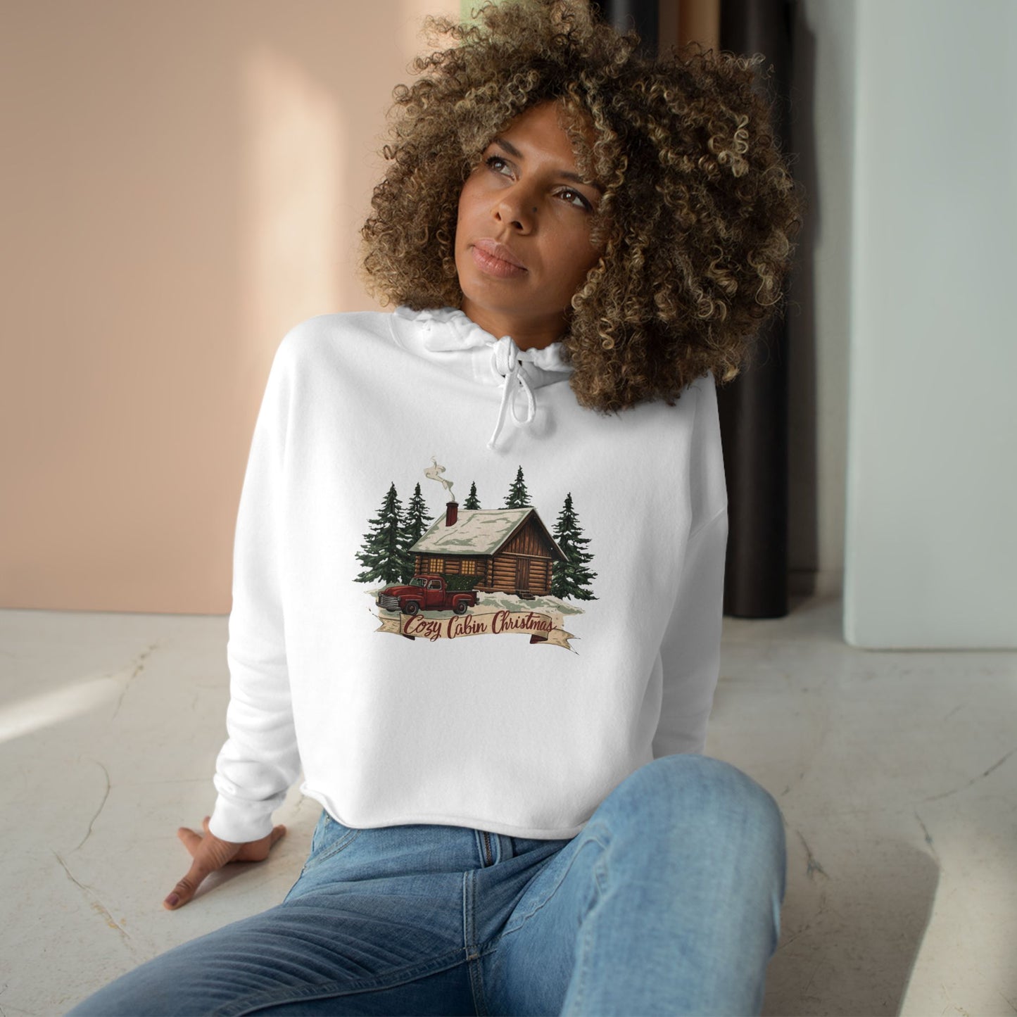 Cozy Cabin Christmas Cropped Hoodie | Rustic Red Truck Holiday Sweatshirt (3 Color Options)