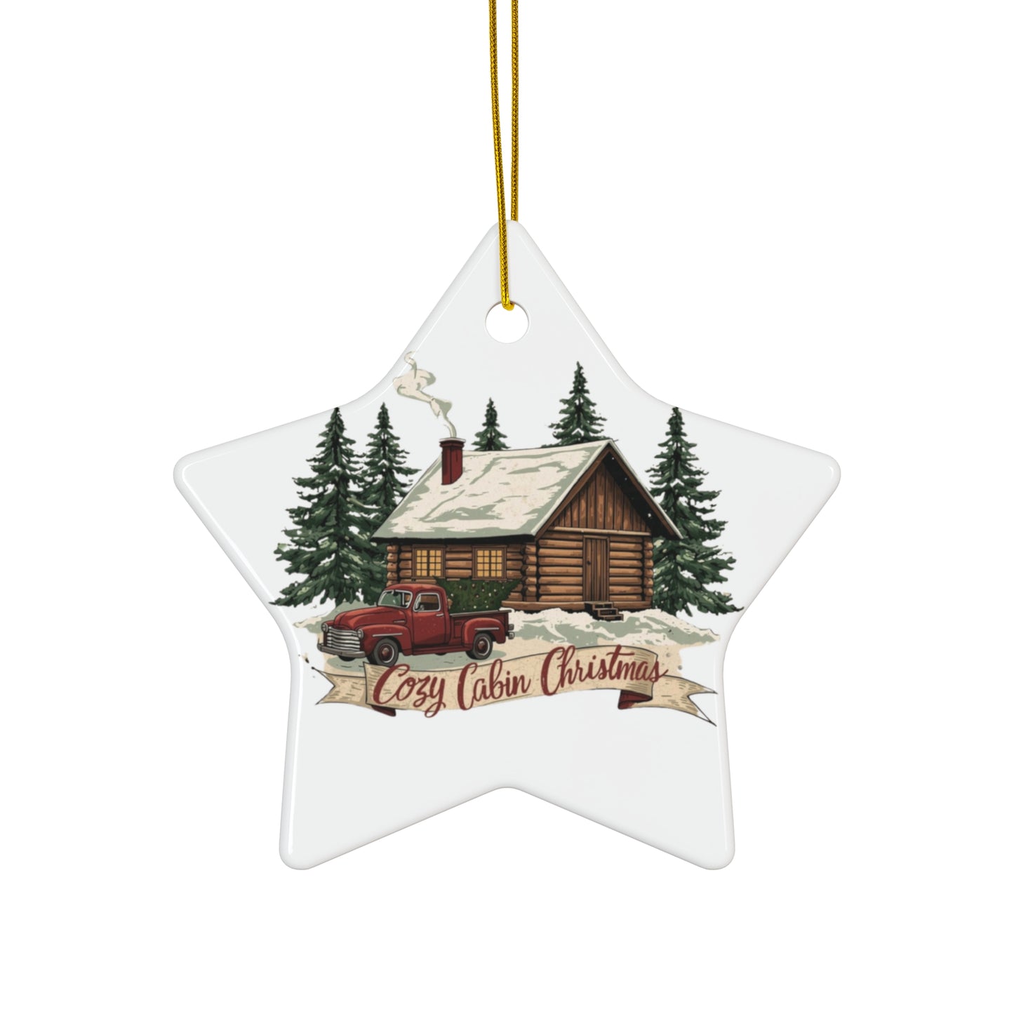 Cozy Cabin Christmas Ceramic Ornament | Rustic Holiday Cabin Ornament | Vintage Truck Christmas Décor (4 Shape Options)