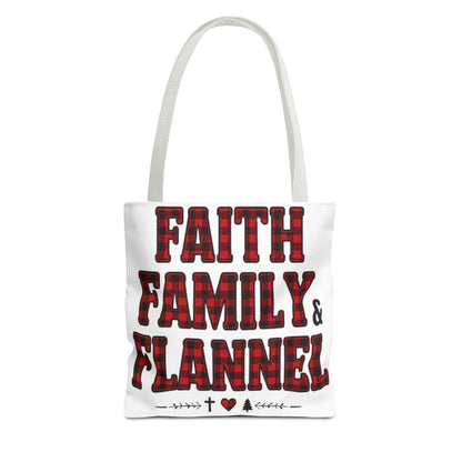 Faith, Family & Flannel Tote Bag | Buffalo Plaid Christian Tote (5 Handle Colors)