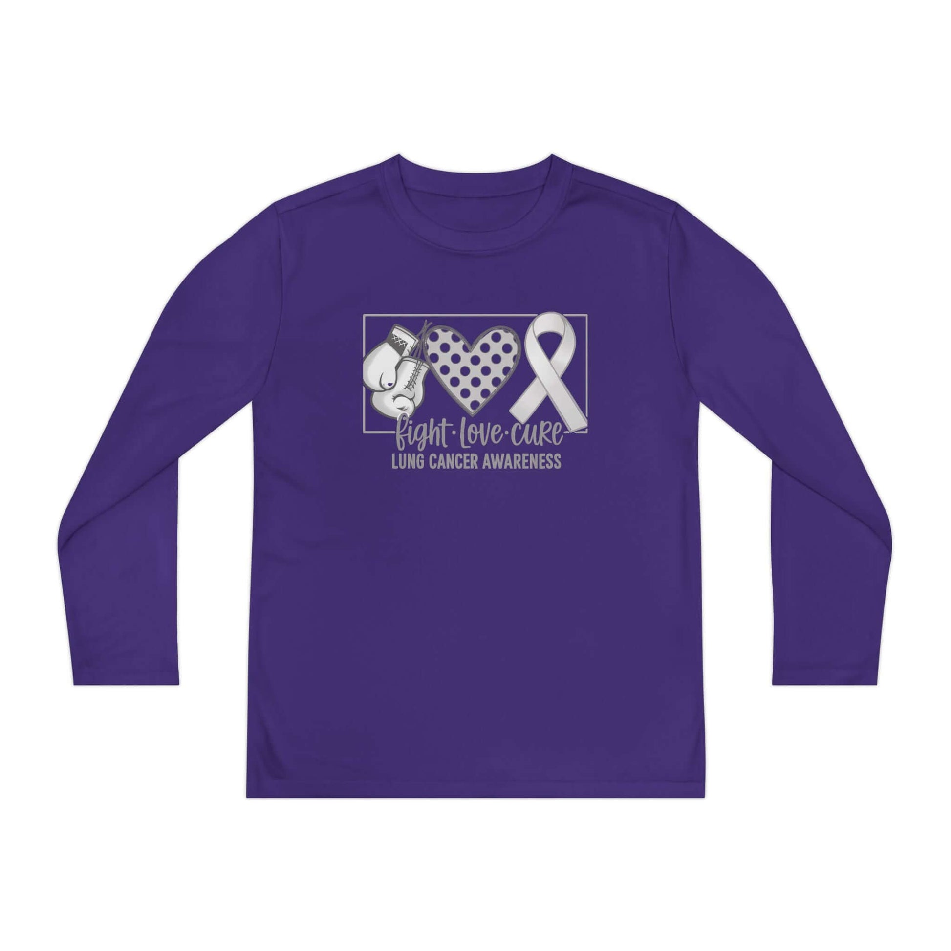 Fight Love Cure Lung Cancer Awareness Youth Long Sleeve Shirt | Kids Awareness Tee in purple with boxing glove and ribbon design.