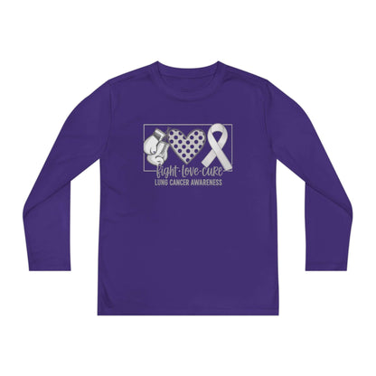 Fight Love Cure Lung Cancer Awareness Youth Long Sleeve Shirt | Kids Awareness Tee in purple with boxing glove and ribbon design.