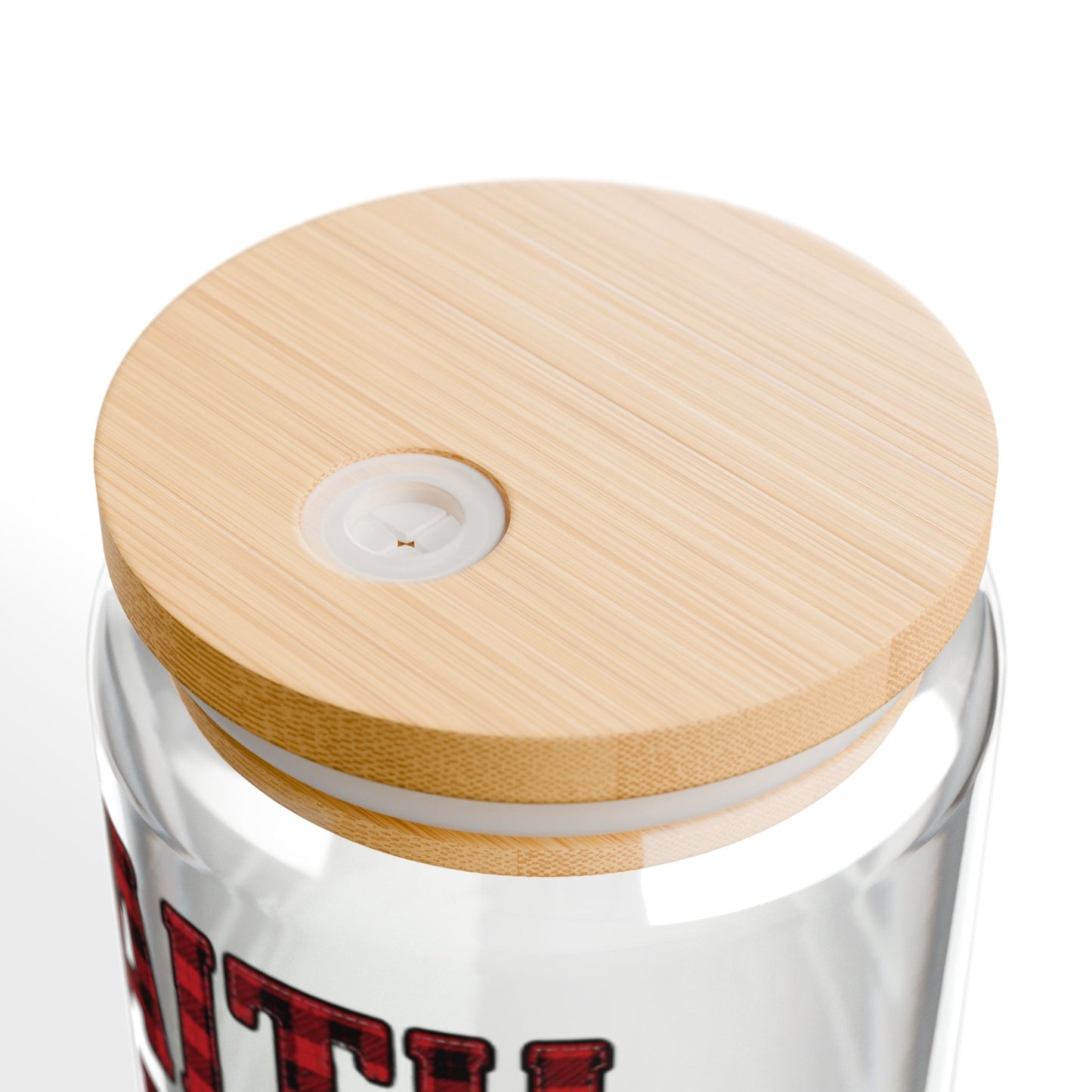 Faith, Family & Flannel Glass Sipper Cup | Christian Bamboo Lid Iced Coffee Glass with Straw
