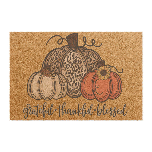 Grateful, Thankful, Blessed Fall Doormat – Autumn Pumpkin Welcome Mat