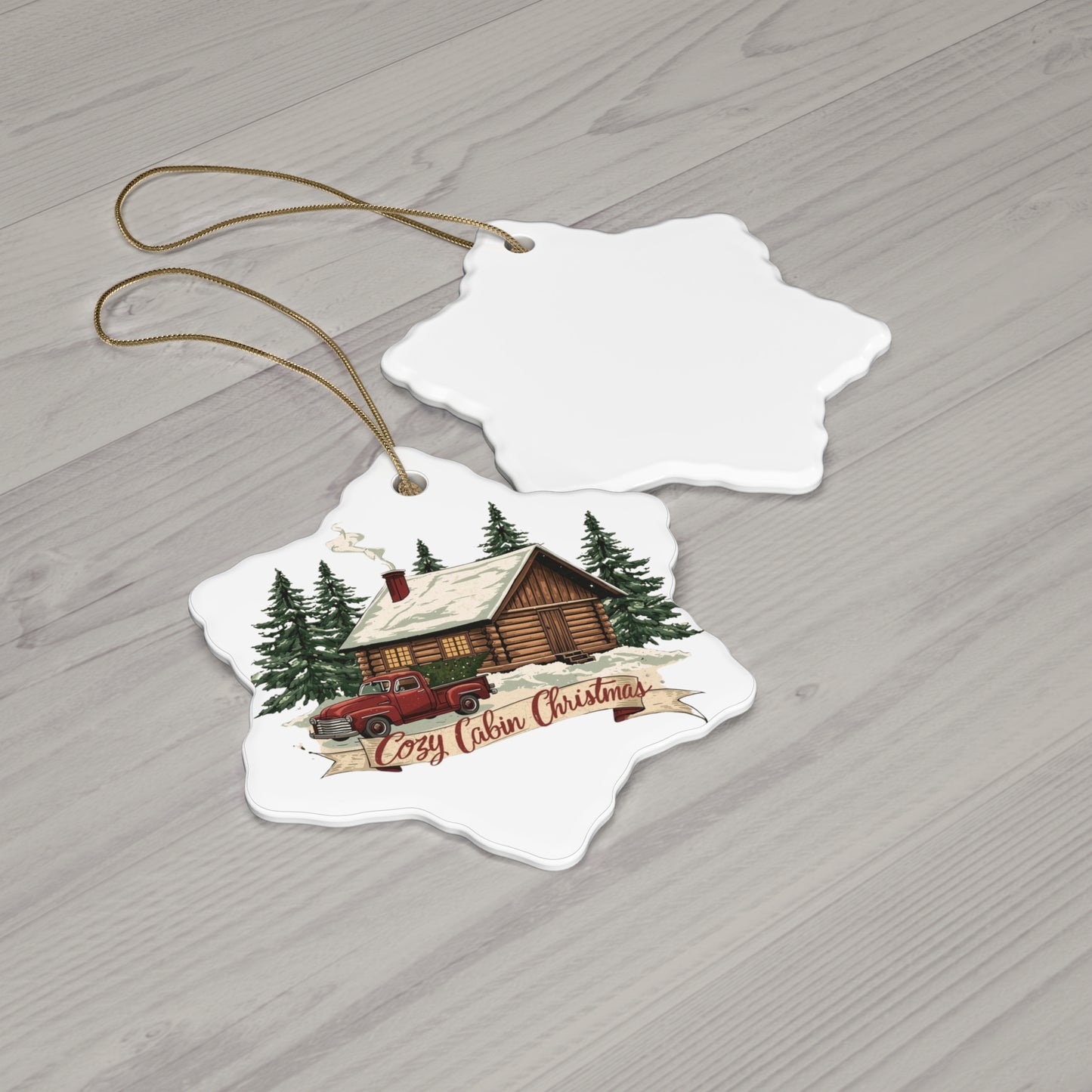 Cozy Cabin Christmas Ceramic Ornament | Rustic Holiday Cabin Ornament | Vintage Truck Christmas Décor (4 Shape Options)