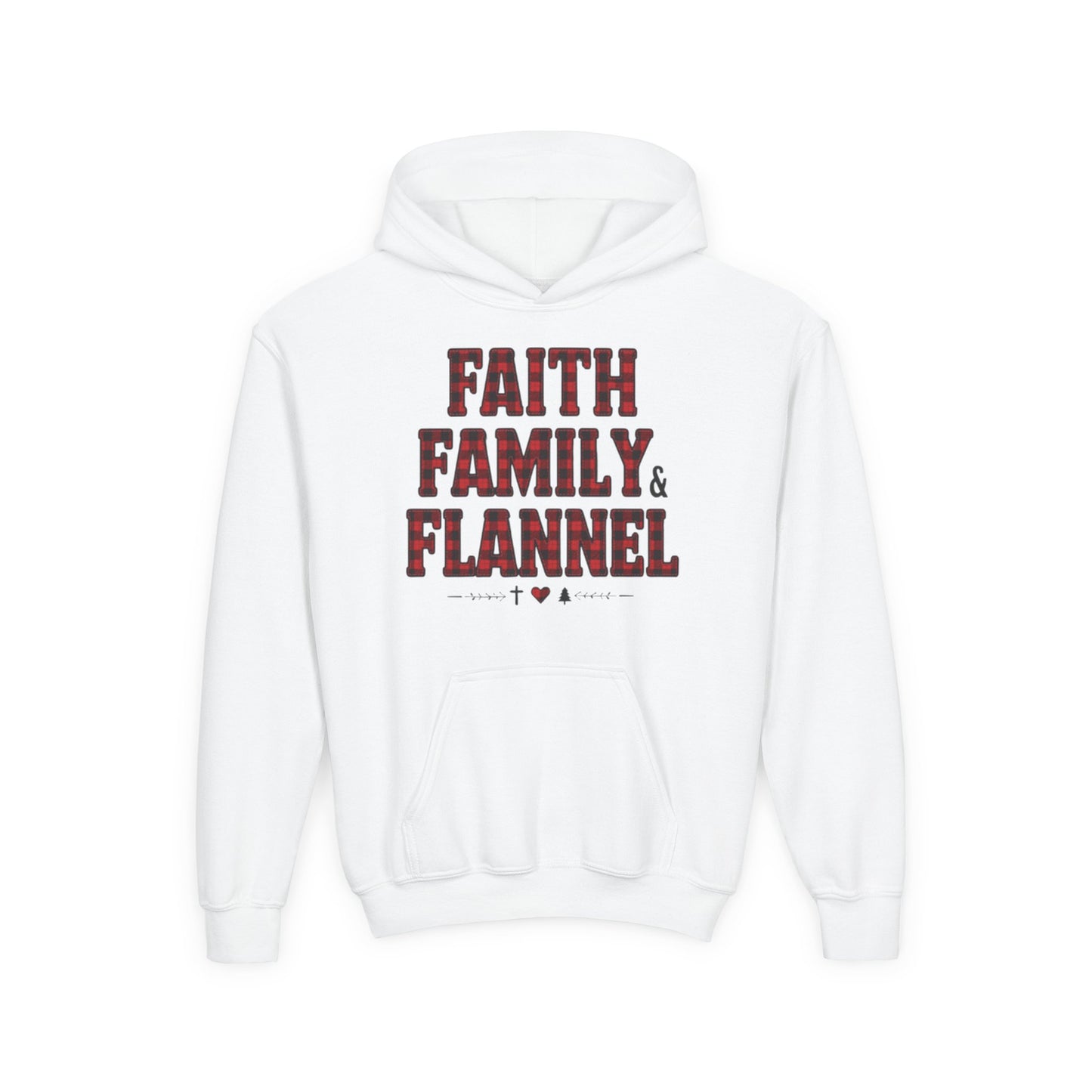Faith, Family & Flannel Youth Hoodie | Cozy Christian Fall & Holiday Sweatshirt (4 Color Options)