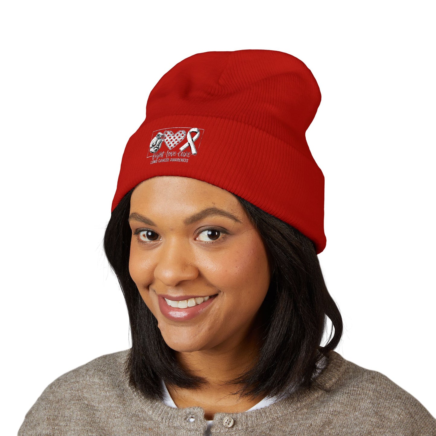 Fight Love Cure Lung Cancer Awareness Embroidered Beanie | Unisex Knit Hat