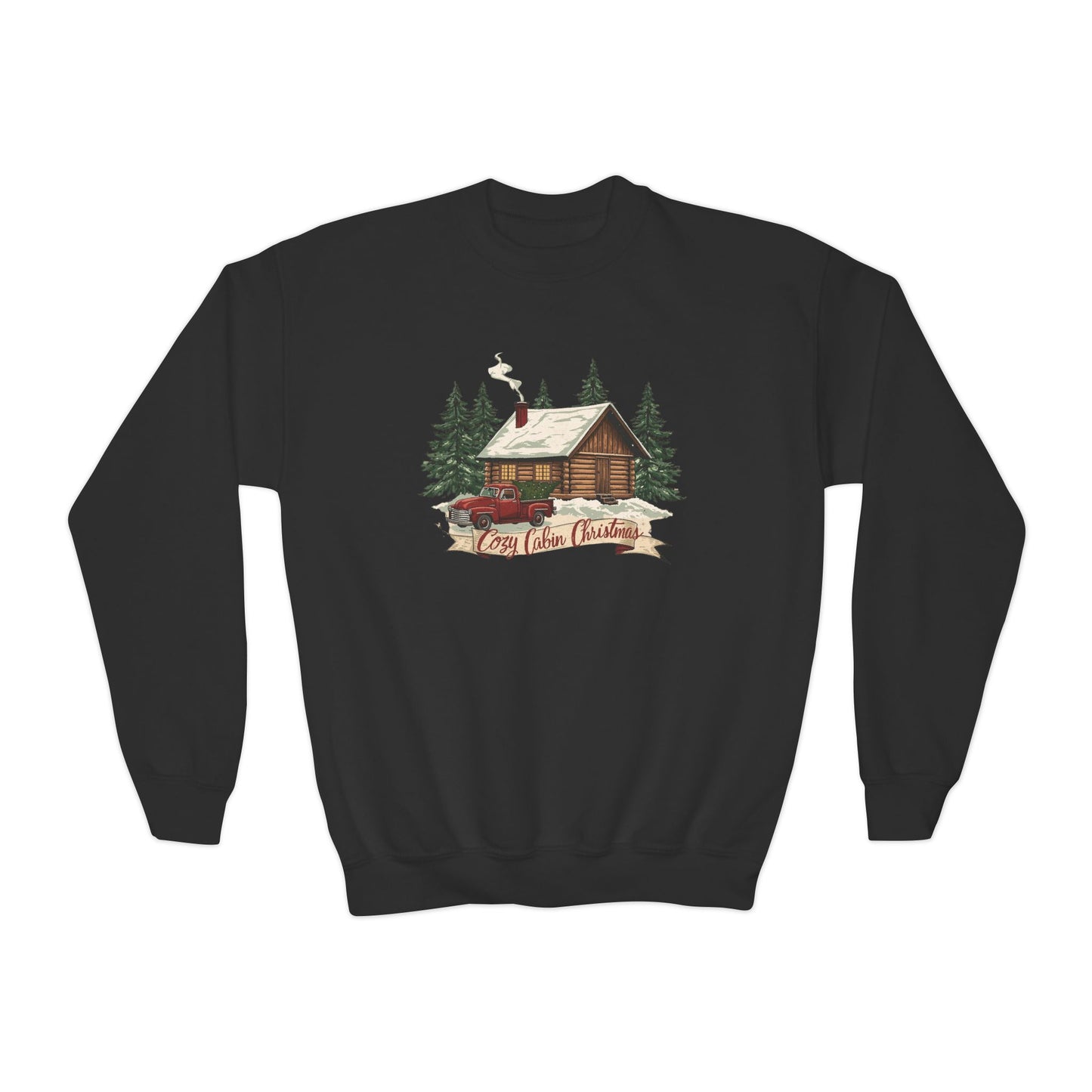 Cozy Cabin Christmas Youth Crewneck | Kids Holiday Sweatshirt | Vintage Cabin & Red Truck Christmas Sweater (10 Colors)
