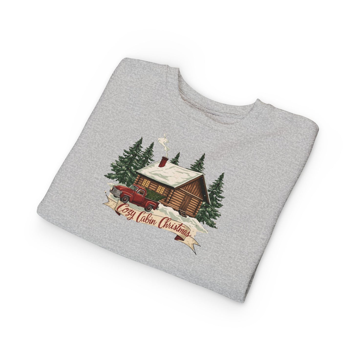 Cozy Cabin Christmas Toddler Crewneck | Kids Holiday Sweatshirt | Vintage Red Truck & Cabin Christmas Sweater (8 Colors)