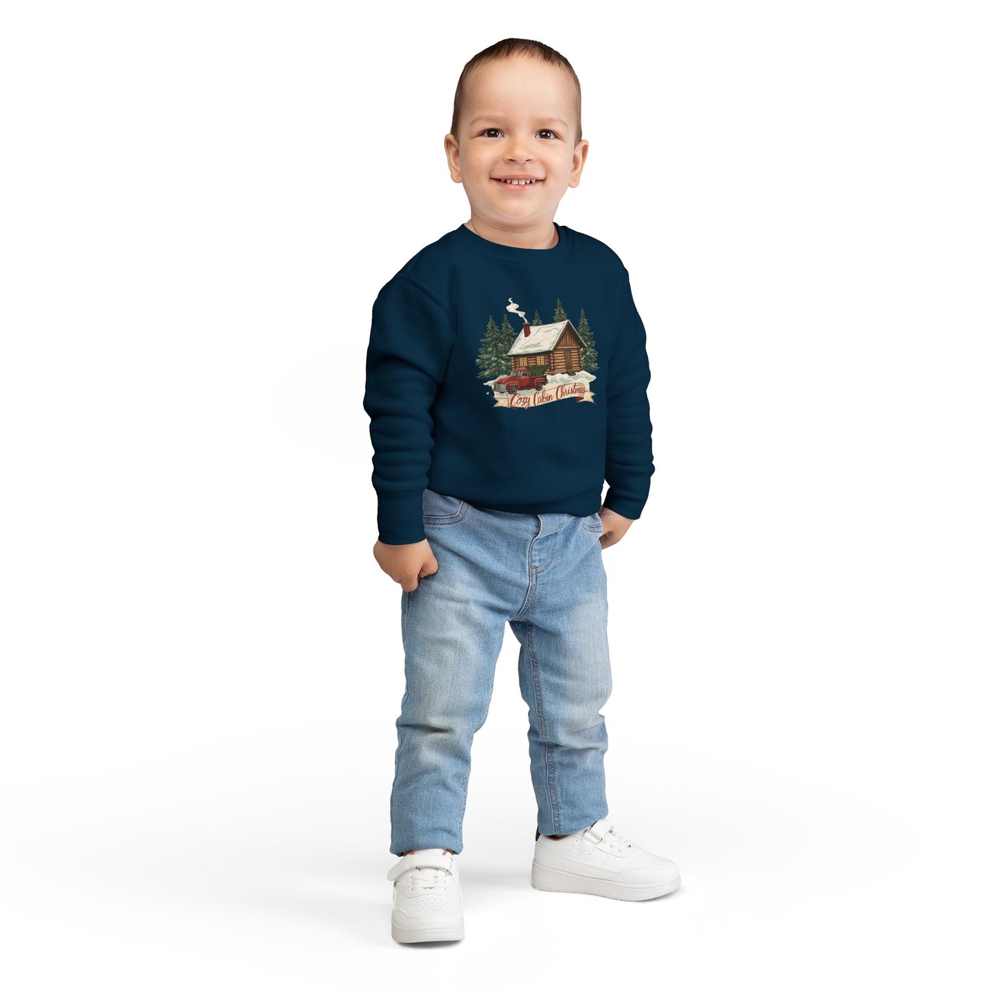 Cozy Cabin Christmas Toddler Crewneck | Kids Holiday Sweatshirt | Vintage Red Truck & Cabin Christmas Sweater (8 Colors)
