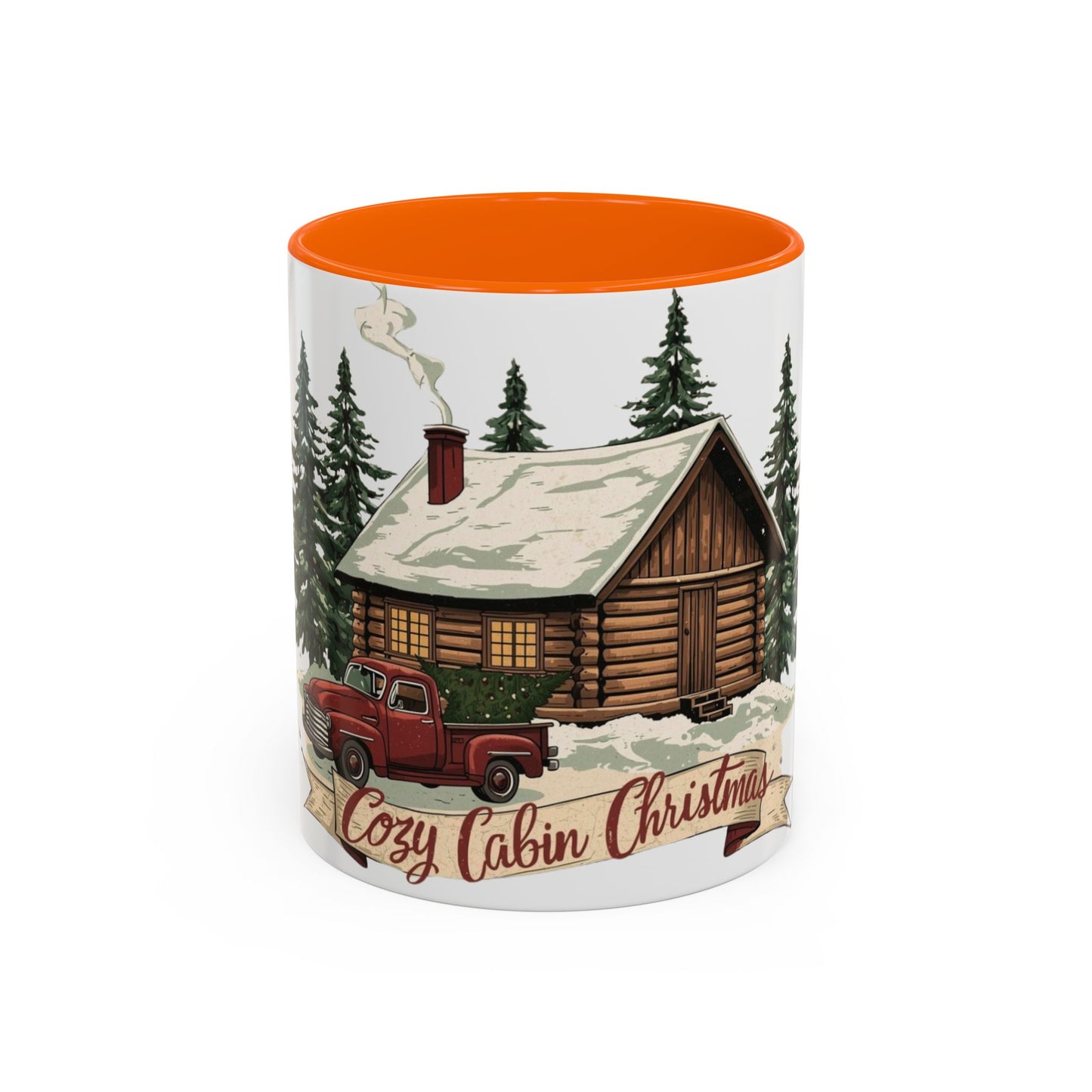 Cozy Cabin Christmas Accent Mug | Rustic Holiday Log Cabin Coffee Cup (11oz & 15oz | 8 Color Options for 11oz, 5 for 15oz)