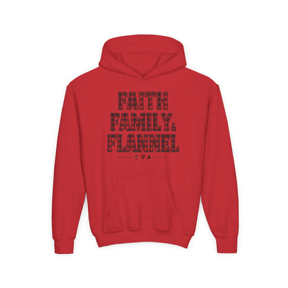 Faith, Family & Flannel Youth Hoodie | Cozy Christian Fall & Holiday Sweatshirt (4 Color Options)