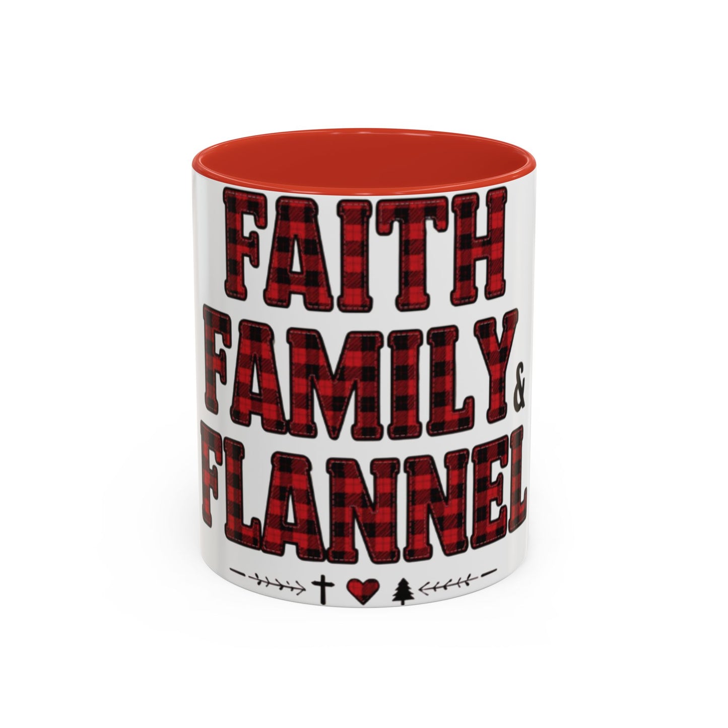 Faith, Family & Flannel Accent Mug | 11oz & 15oz Christian Coffee Cup (Multiple Colors)
