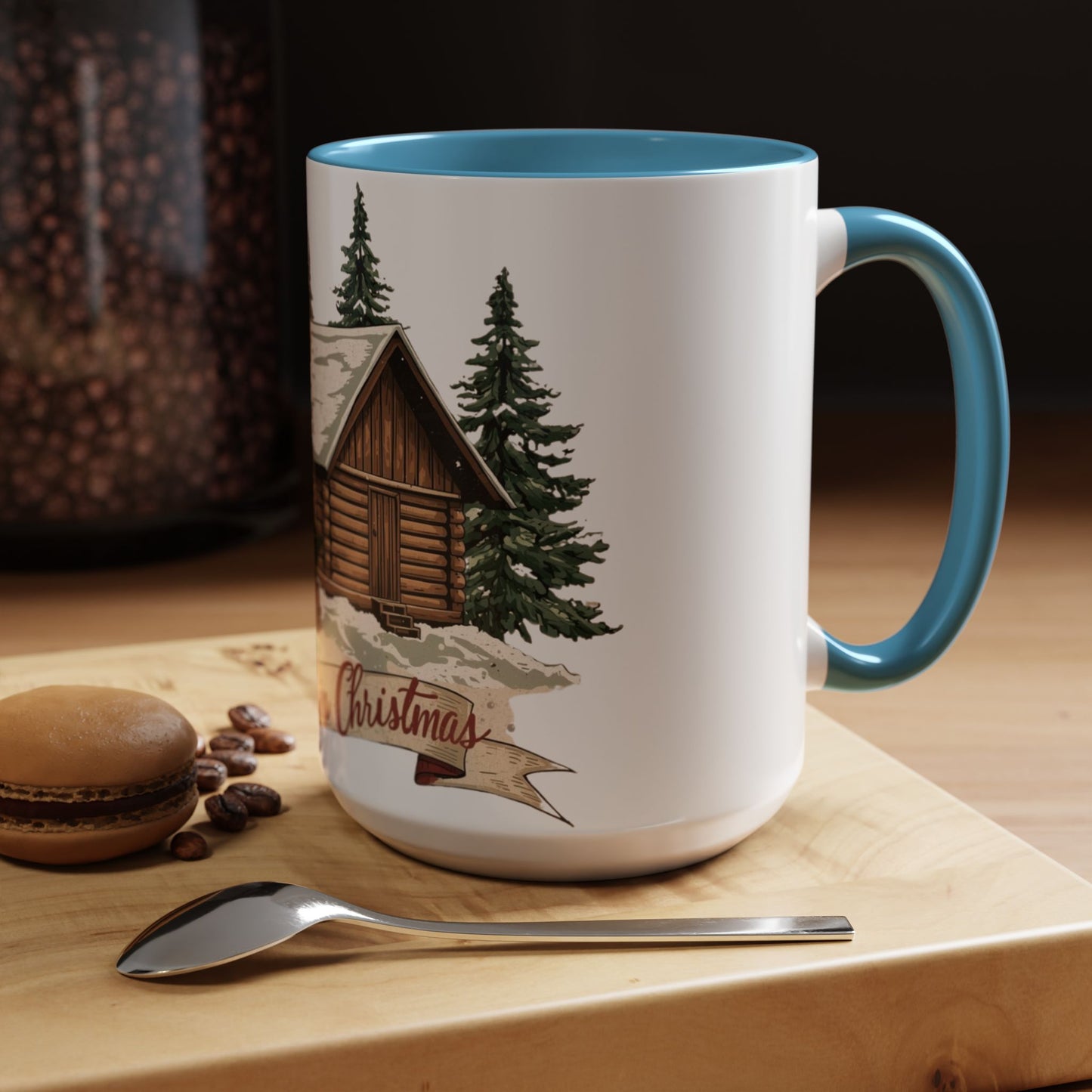 Cozy Cabin Christmas Accent Mug | Rustic Holiday Log Cabin Coffee Cup (11oz & 15oz | 8 Color Options for 11oz, 5 for 15oz)