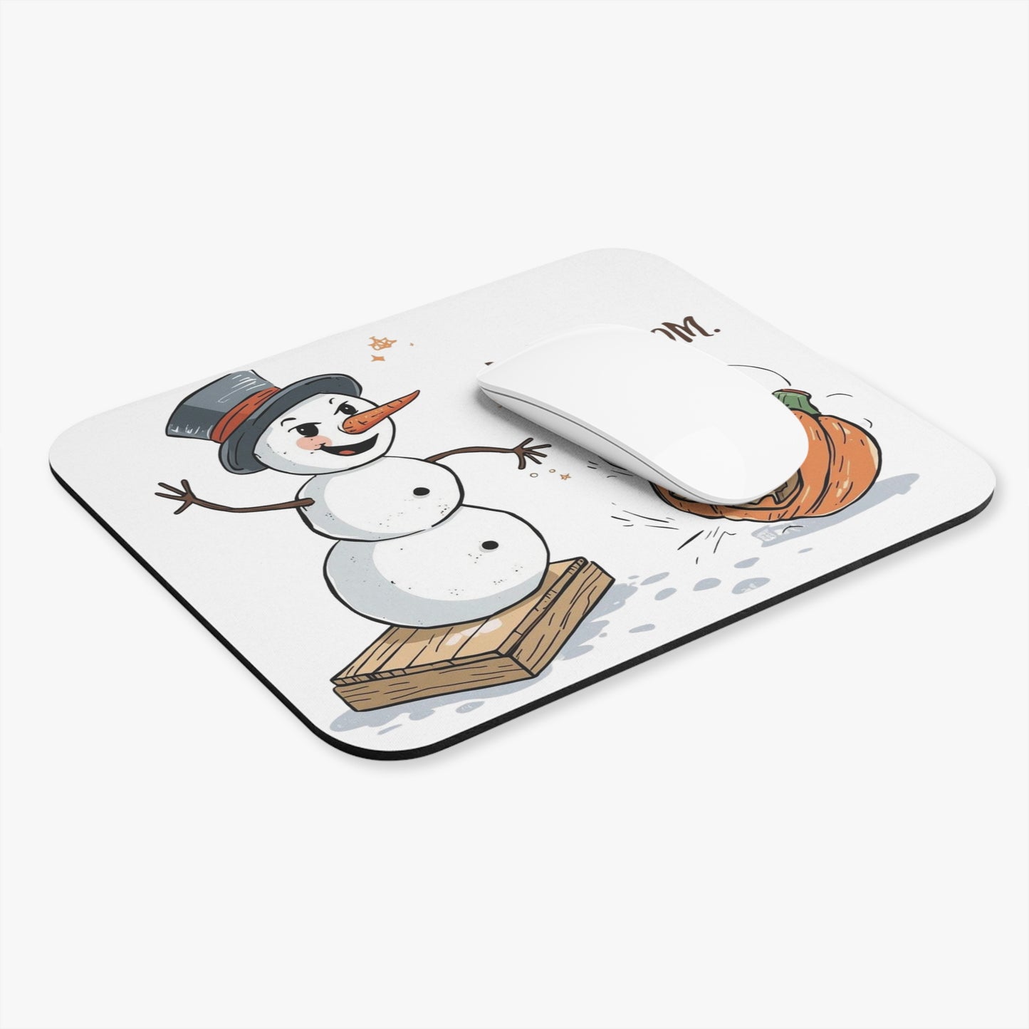 Fall to Winter Humorous Mouse Pad – “Make Room” Snowman Kicking Pumpkin