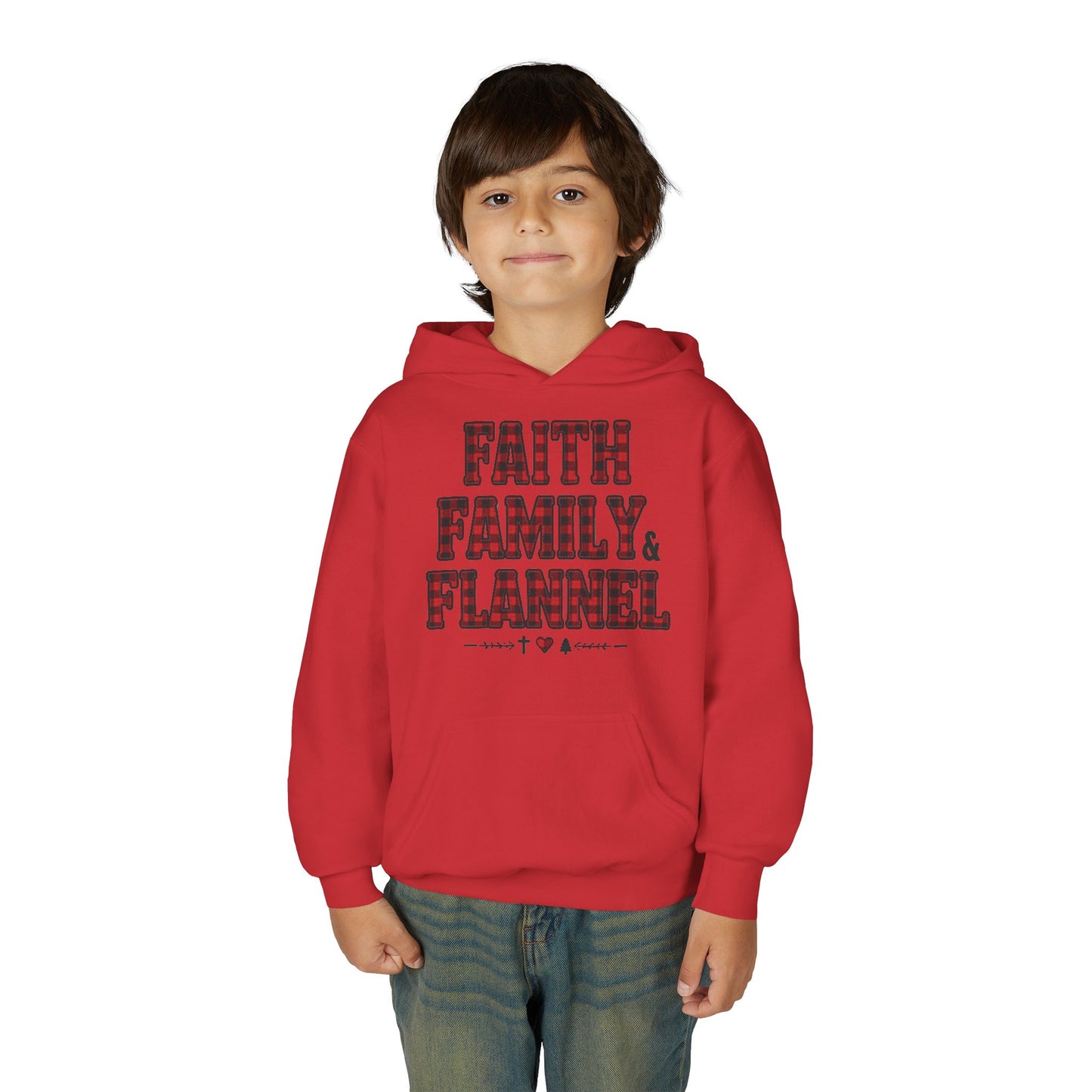 Faith, Family & Flannel Youth Hoodie | Cozy Christian Fall & Holiday Sweatshirt (4 Color Options)