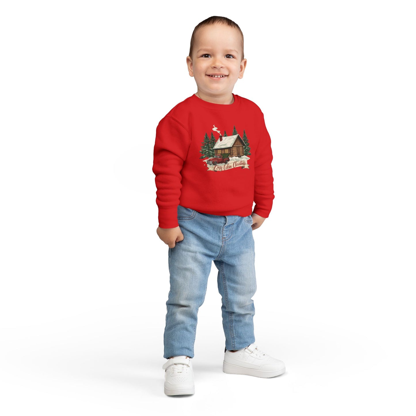 Cozy Cabin Christmas Toddler Crewneck | Kids Holiday Sweatshirt | Vintage Red Truck & Cabin Christmas Sweater (8 Colors)
