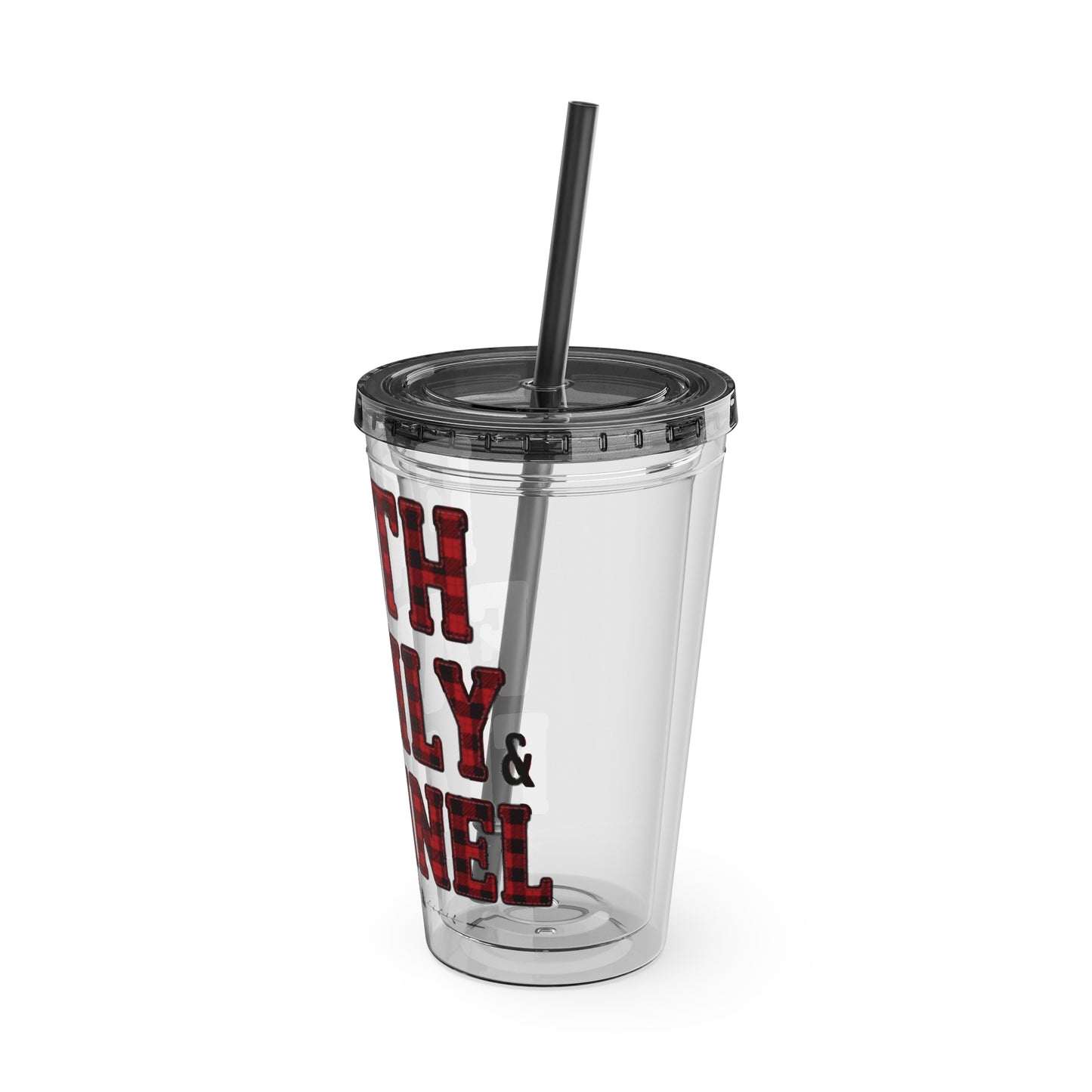 Faith, Family & Flannel Acrylic Tumbler with Straw | Christian Buffalo Plaid Cup (9 Color Options)