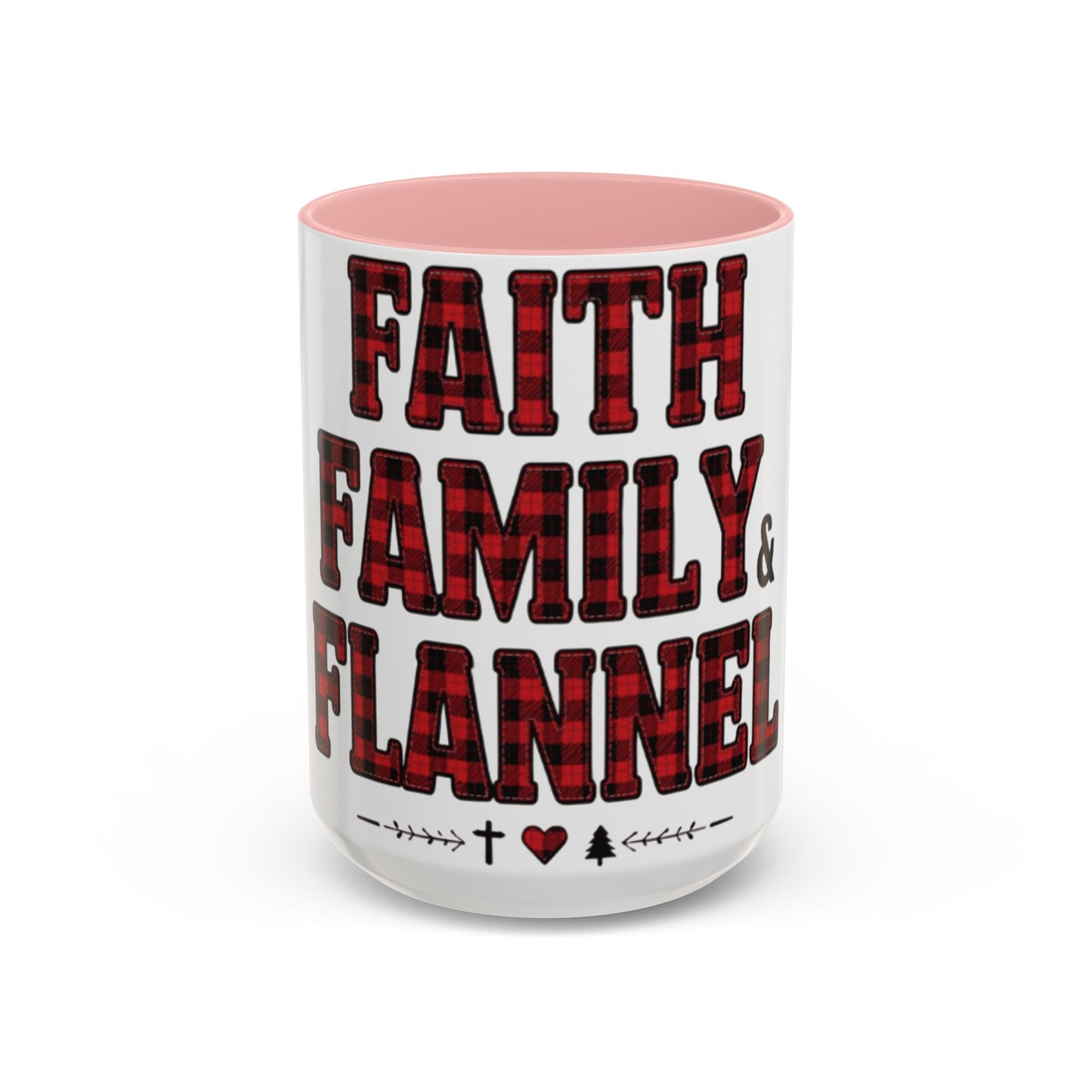 Faith, Family & Flannel Accent Mug | 11oz & 15oz Christian Coffee Cup (Multiple Colors)