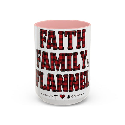 Faith, Family & Flannel Accent Mug | 11oz & 15oz Christian Coffee Cup (Multiple Colors)